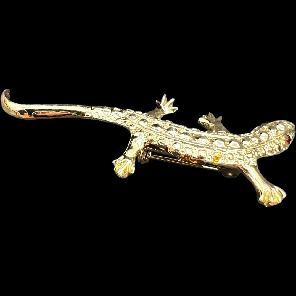 Vintage Lizard Gecko Salamander Gold Tone Red Eyes‎ Signed Gerry Brooch